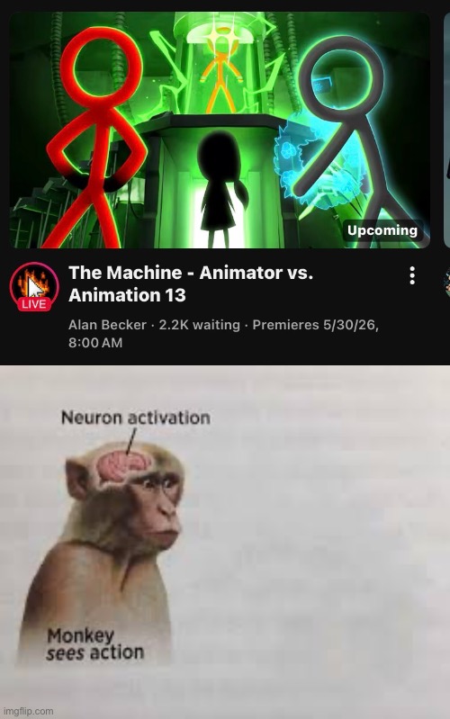 monke sees alan becker vid, neuron activation | image tagged in neuron activation,alan becker,i hate knitters | made w/ Imgflip meme maker