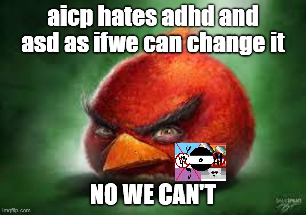 sometimes aicp is too dumb to do anything | aicp hates adhd and asd as ifwe can change it; no we can't | image tagged in realistic red angry birds | made w/ Imgflip meme maker