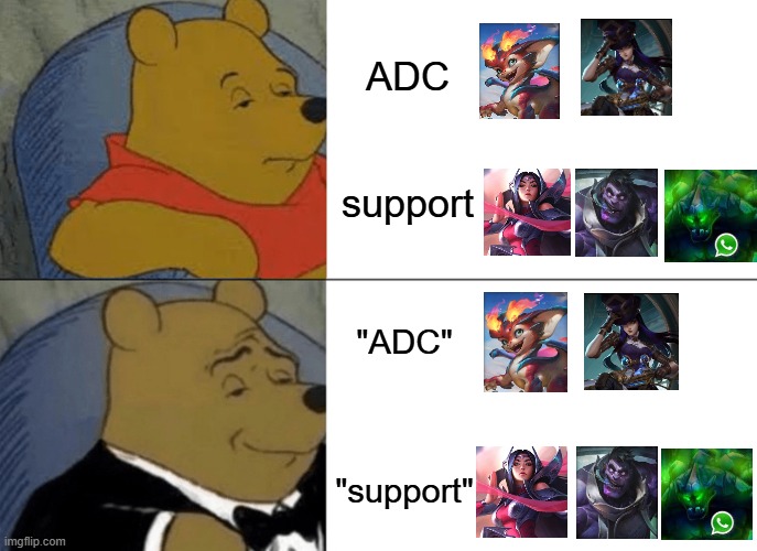ADC? Support? All the same! | ADC
ㅤ
ㅤ
support; "ADC"
ㅤ
ㅤ
ㅤ

"support" | image tagged in memes,tuxedo winnie the pooh | made w/ Imgflip meme maker