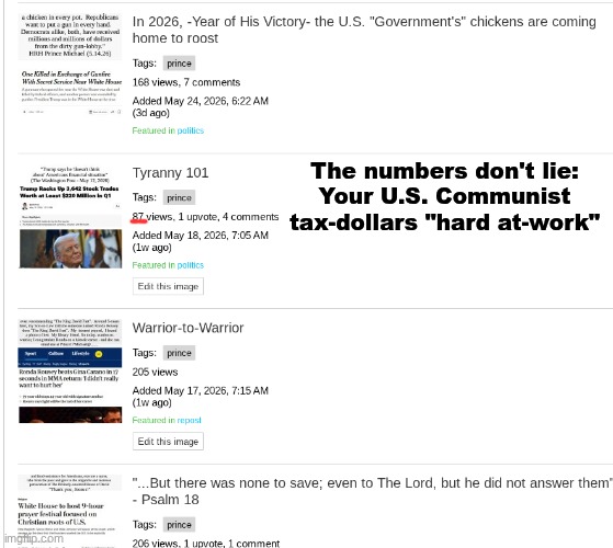 Decades of coward U.S. "Government"/Big Tech Censorship shall be severely corrected - Psalm 58:10-11 in 2026. | The numbers don't lie:
Your U.S. Communist
tax-dollars "hard at-work" | image tagged in prince | made w/ Imgflip meme maker