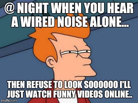 Futurama Fry Meme | @ NIGHT WHEN YOU HEAR A WIRED NOISE ALONE... THEN REFUSE TO LOOK SOOOOOO I'LL JUST WATCH FUNNY VIDEOS ONLINE.. | image tagged in memes,futurama fry | made w/ Imgflip meme maker