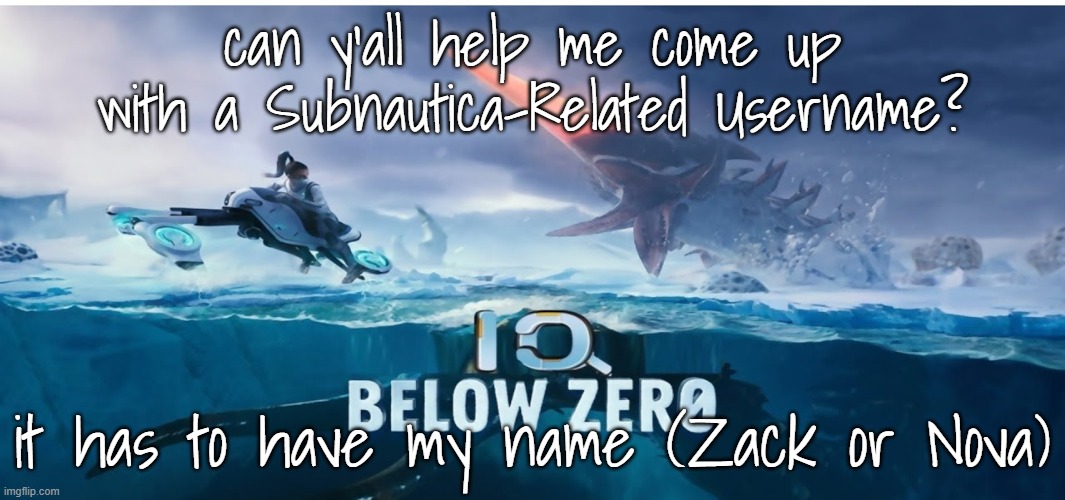 FYI: Zack is my real name | can y'all help me come up with a Subnautica-Related Username? it has to have my name (Zack or Nova) | image tagged in iq below zero | made w/ Imgflip meme maker