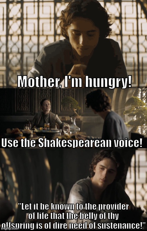 Much Dune about nothing! | Mother, I'm hungry! Use the Shakespearean voice! "Let it be known to the provider of life that the belly of thy offspring is of dire need of sustenance!" | image tagged in shakespeare,dune | made w/ Imgflip meme maker