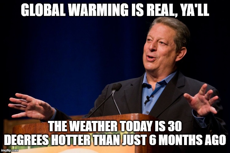 Al Gore | global warming is real, ya'll the weather today is 30 degrees hotter than just 6 months ago | image tagged in al gore | made w/ Imgflip meme maker
