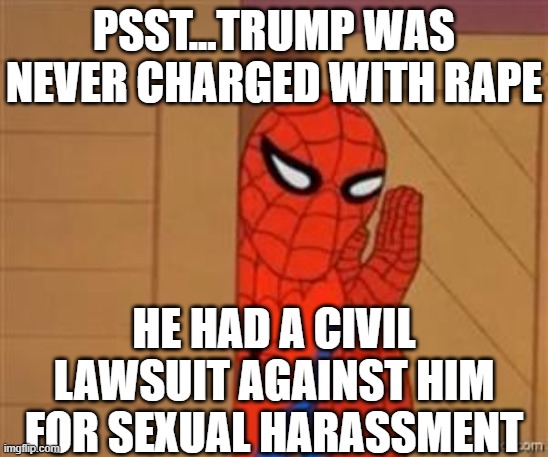 psst...trump was never charged with rape he had a civil lawsuit against him for sexual harassment | image tagged in psst spiderman | made w/ Imgflip meme maker
