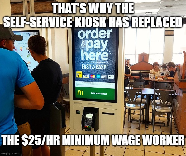 that's why the self-service kiosk has replaced the $25/hr minimum wage worker | image tagged in mickey dee kiosk | made w/ Imgflip meme maker