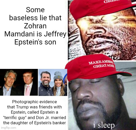 They push a lie just to slander Zohran Mamdani but don't want actual Epstein cronies to be brought to justice | Some baseless lie that Zohran Mamdani is Jeffrey Epstein's son; Photographic evidence that Trump was friends with Epstein, called Epstein a "terrific guy" and Don Jr. married the daughter of Epstein's banker | image tagged in i sleep reverse,zohran mamdani,jeffrey epstein,donald trump,conservative logic,conservative hypocrisy | made w/ Imgflip meme maker