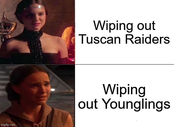 Anakin Kills | Wiping out Tuscan Raiders; Wiping out Younglings | image tagged in memes,tuxedo winnie the pooh | made w/ Imgflip meme maker