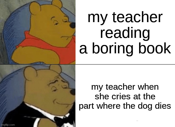 my teacher reading a boring book my teacher when she cries at the part where the dog dies | image tagged in memes,tuxedo winnie the pooh | made w/ Imgflip meme maker