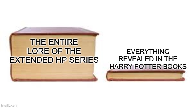 Big book small book | everything revealed in the harry potter books; the entire lore of the extended HP series | image tagged in big book small book,books,big book,harry potter | made w/ Imgflip meme maker
