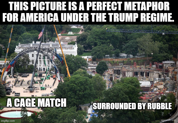 This picture is a perfect metaphor for America under the trump regime. A cage match; surrounded by rubble | made w/ Imgflip meme maker