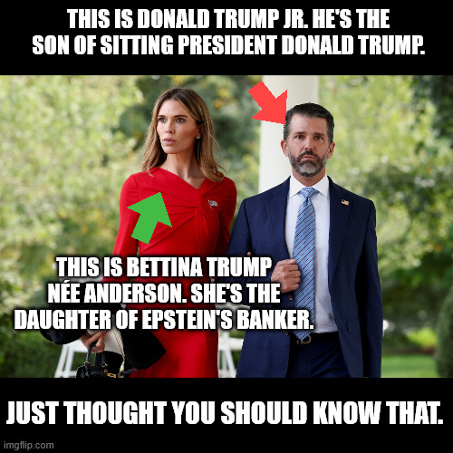 oh, look, another connection between Trump & Epstein. | This is Donald Trump JR. He's the son of Sitting President Donald Trump. This is Bettina Trump née Anderson. She's the daughter of Epstein's banker. Just thought you should know that. | made w/ Imgflip meme maker
