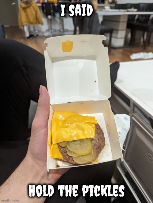 I said Hold the pickles | image tagged in just cheese and meat and pickles burger | made w/ Imgflip meme maker