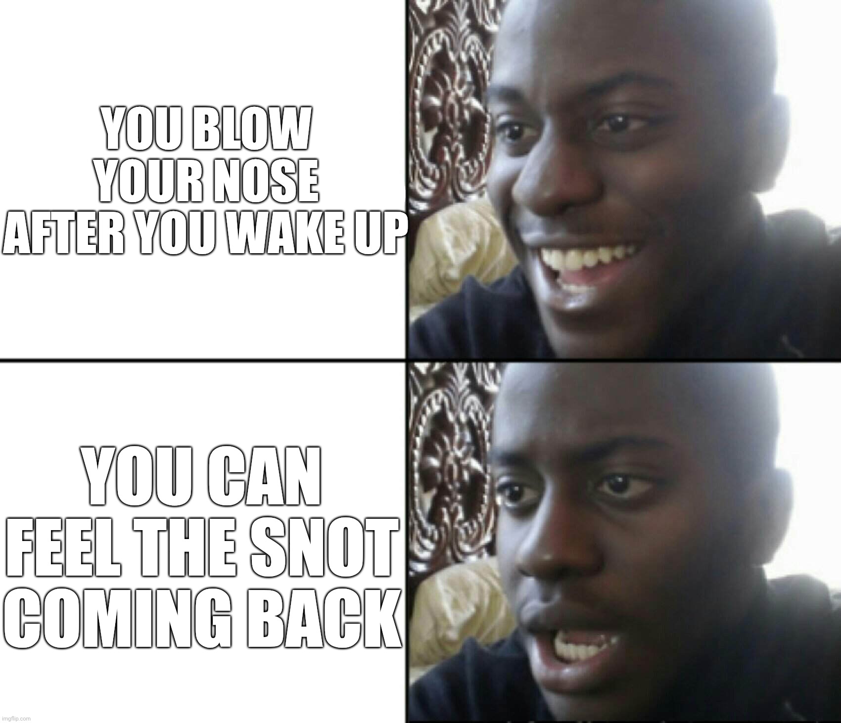 That one sniff that makes you realize the next 24 hours are gonna be hell | You blow your nose after you wake up; You can feel the snot coming back | image tagged in happy / shock | made w/ Imgflip meme maker