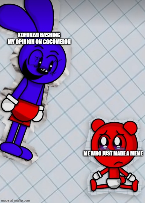 I love Cocomelon | XOFUNZZI BASHING MY OPINION ON COCOMELON; ME WHO JUST MADE A MEME | image tagged in riggy terrorizing kid | made w/ Imgflip meme maker