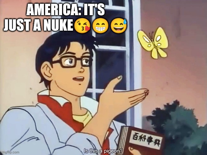 ANIME BUTTERFLY MEME | America: it's just a nuke😘😁😅 | image tagged in anime butterfly meme | made w/ Imgflip meme maker