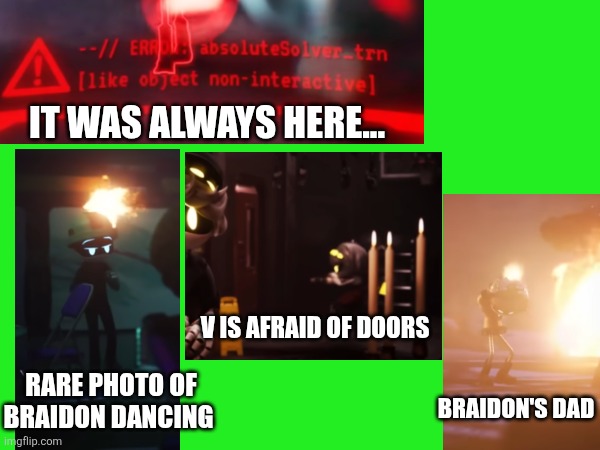 Secrets and glitches part 5 - Prom is cancelled | It was always here... V is afraid of doors; Rare photo of Braidon dancing; Braidon's dad | made w/ Imgflip meme maker