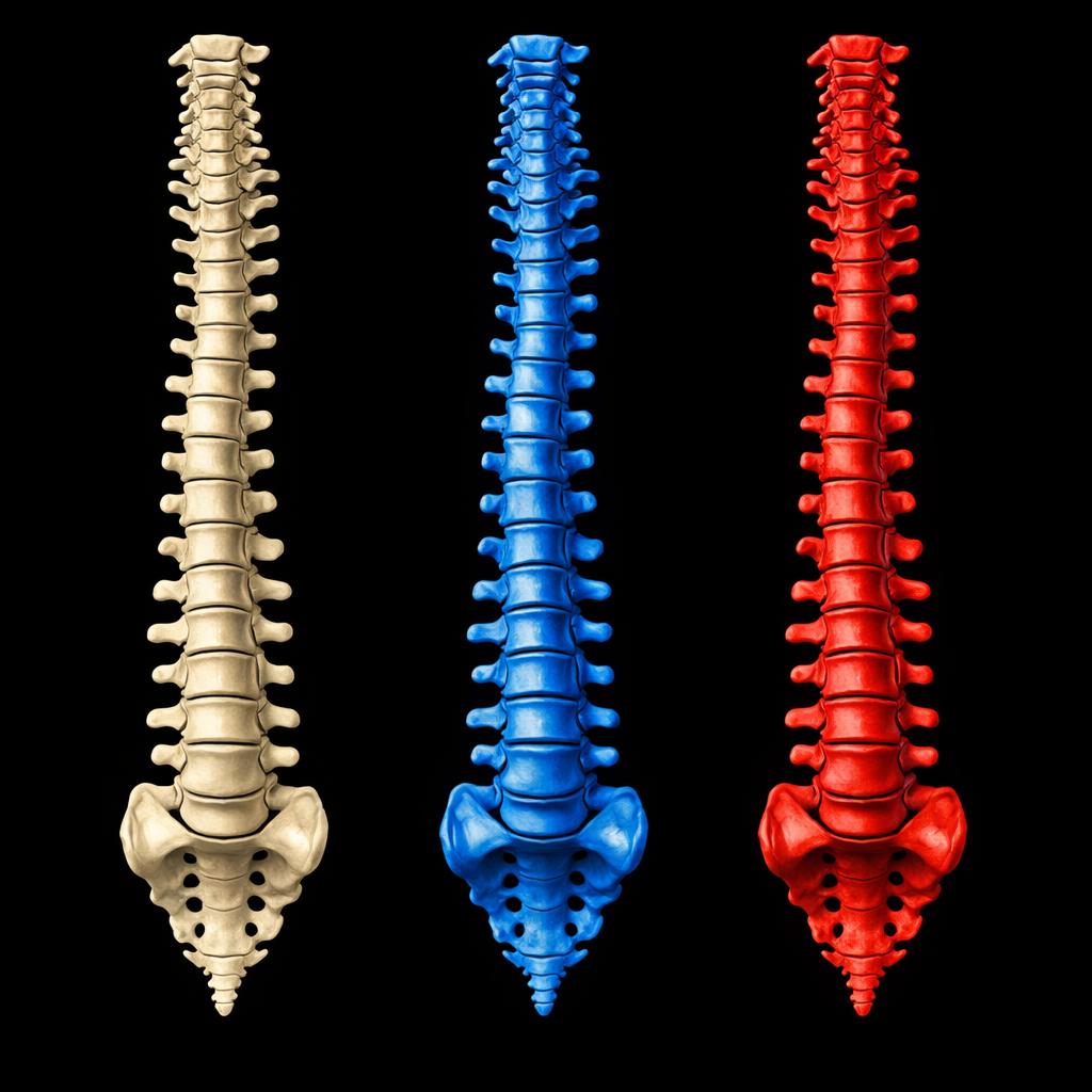 human backbones (3 pcs) in different colors on black background Blank Meme Template