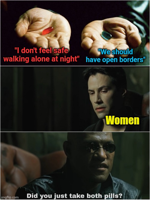 Did you just take both pills? | "We should have open borders"; "I don't feel safe walking alone at night"; Women | image tagged in did you just take both pills,politics,night,safe,open borders,illegal immigration | made w/ Imgflip meme maker