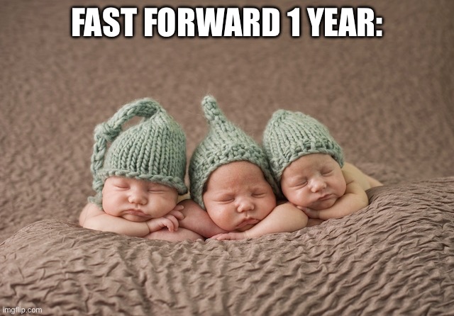 Fast forward 1 year: | image tagged in stressed triplets | made w/ Imgflip meme maker