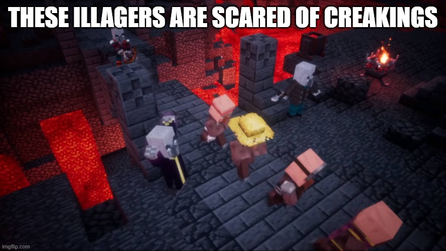 Minecraft Dungeons Evoker Attacking Villagers | these illagers are scared of creakings | image tagged in minecraft dungeons evoker attacking villagers | made w/ Imgflip meme maker