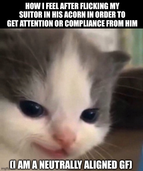 Can anyone else relate? | How I feel after flicking my suitor in his acorn in order to get attention or compliance from him; (I am a neutrally aligned GF) | image tagged in mischief,acorn,gf,suitor,relationships,evil | made w/ Imgflip meme maker