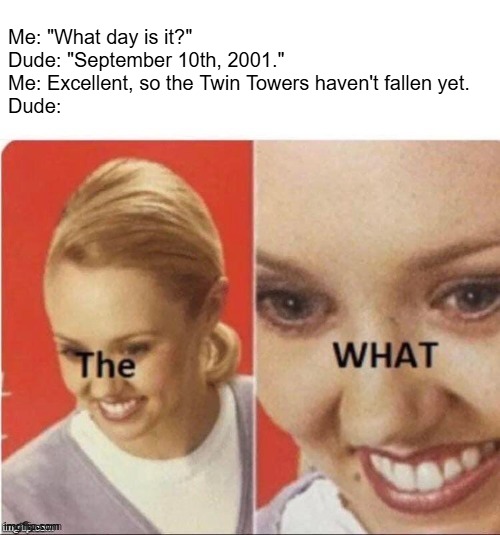 The what woman | Me: "What day is it?"
Dude: "September 10th, 2001."
Me: Excellent, so the Twin Towers haven't fallen yet.
Dude: | image tagged in the what woman,911 9/11 twin towers impact,twin towers,history,tragedy,terrorism | made w/ Imgflip meme maker