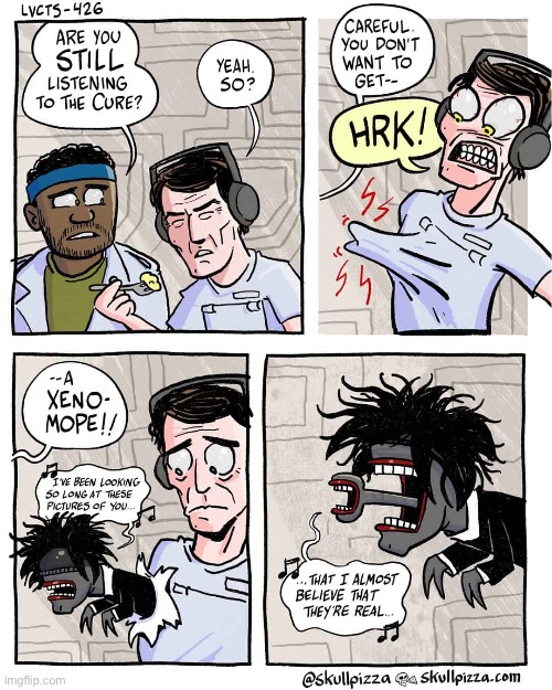 Robert Smith Xenomope | image tagged in comics,skull pizza,alien,xenomope,robert smith,chestburster | made w/ Imgflip meme maker