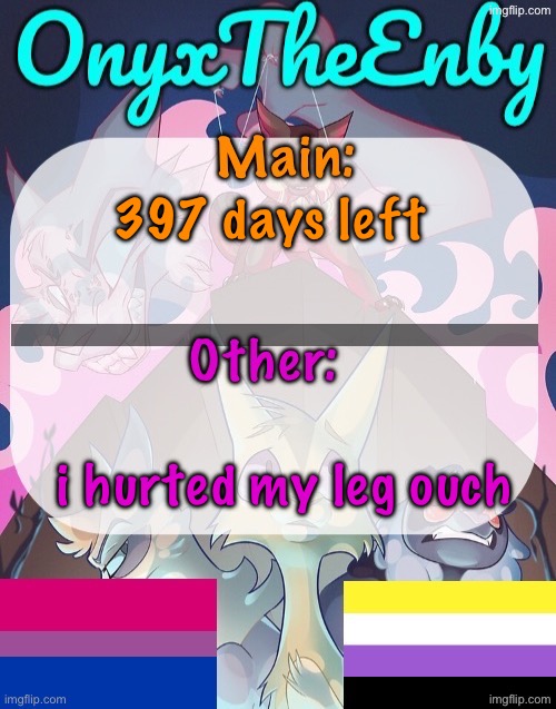 I’m revealing what it is at 250 days | 397 days left; i hurted my leg ouch | image tagged in onyxtheenby temp | made w/ Imgflip meme maker