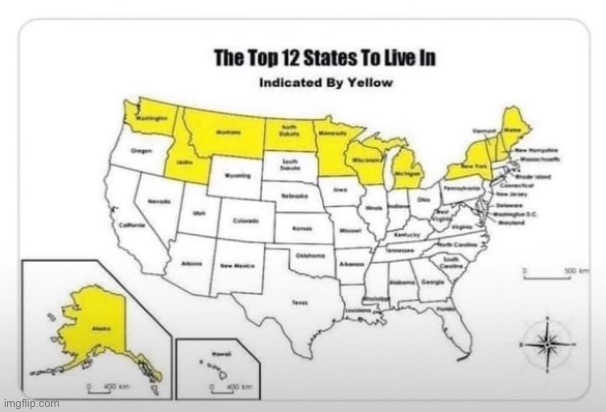 The top state to live in is Alaska | image tagged in maps,top 12,states | made w/ Imgflip meme maker