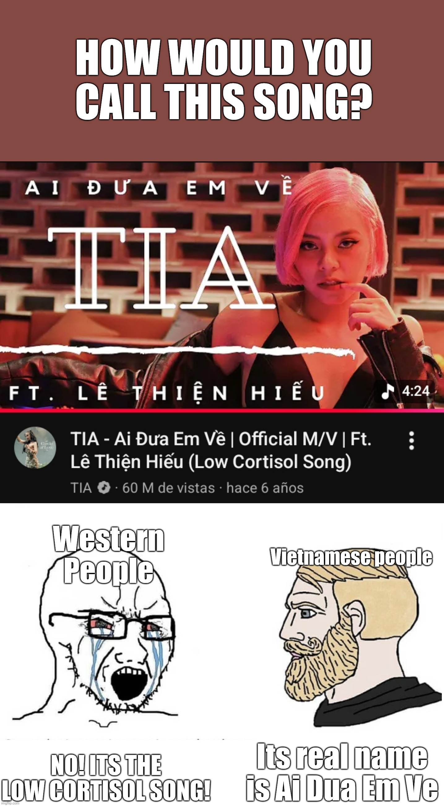 Western people milks songs to make a trend. | How would you call this song? Western People; Vietnamese people; Its real name is Ai Dua Em Ve; NO! ITS THE LOW CORTISOL SONG! | image tagged in soyboy vs yes chad | made w/ Imgflip meme maker