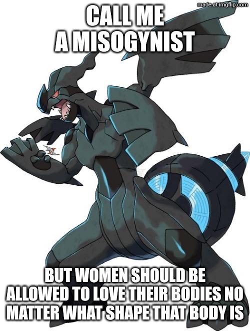 Cough cough (Garfieldfan) cough cough | Call me a misogynist; But women should be allowed to love their bodies no matter what shape that body is | image tagged in zekrom | made w/ Imgflip meme maker