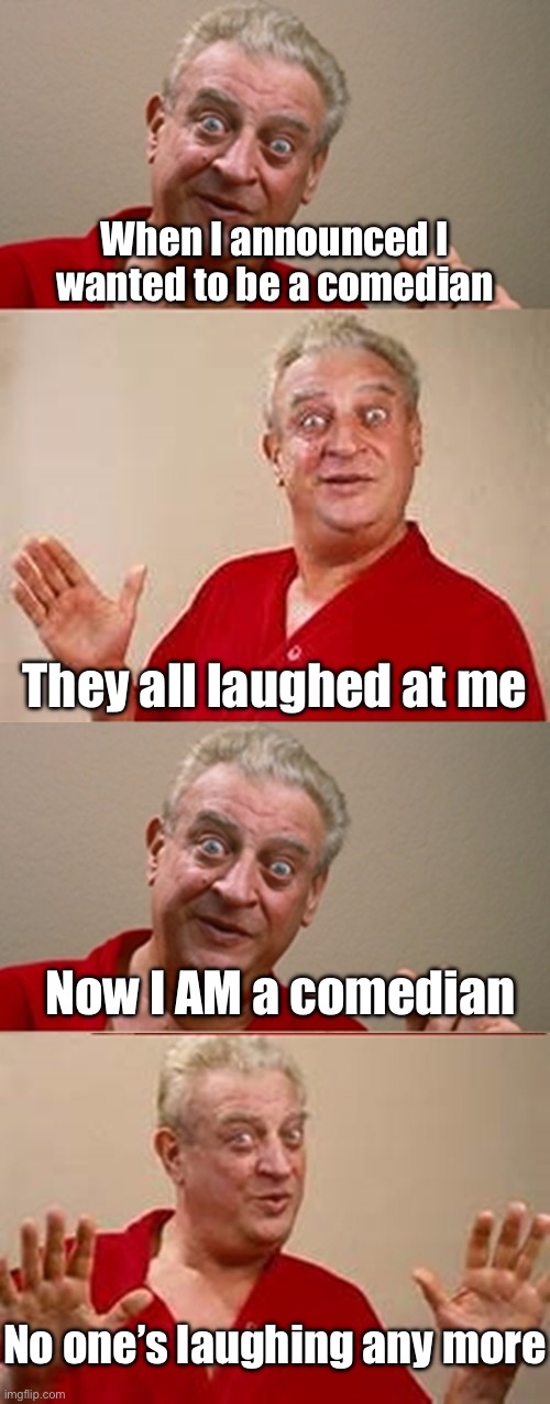 Comedian | When I announced I wanted to be a comedian; They all laughed at me; Now I AM a comedian; No one’s laughing any more | image tagged in bad pun rodney dangerfield,comedian,laugh,career | made w/ Imgflip meme maker