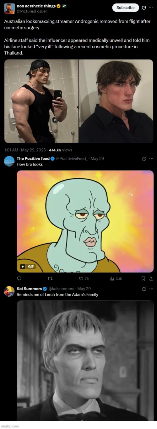 image tagged in androgenic,looksmaxxing,ill,handsome squidward,addams family,lerch | made w/ Imgflip meme maker