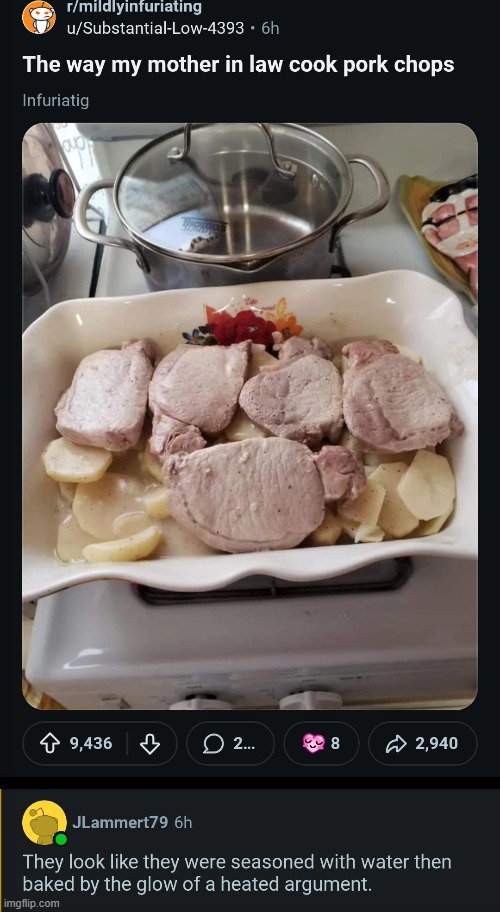 image tagged in mother in law,cooking,pork chops,water,heated argument,gross | made w/ Imgflip meme maker