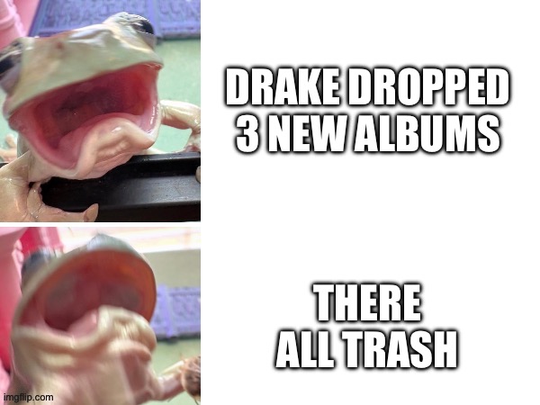 How can this be possible | Drake dropped 3 new albums; There all trash | image tagged in drama frog | made w/ Imgflip meme maker