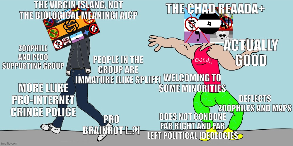 just a comparison | the virgin [slang, not the biological meaning] aicp; the chad reaada+; zoophile and pedo supporting group; actually good; people in the group are immature [like spliff]; welcoming to some minorities; more llike pro-internet cringe police; deflects zoophiles and MAPs; does not condone far right and far left political ideologies; pro brainrot [..?] | image tagged in virgin vs chad | made w/ Imgflip meme maker