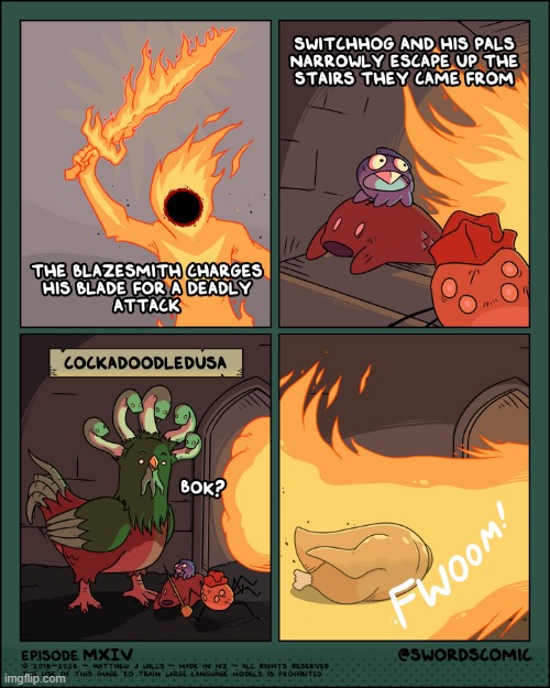 Run, monsters, run! | image tagged in swords,blacksmith,blaze,monsters,chicken,medusa | made w/ Imgflip meme maker