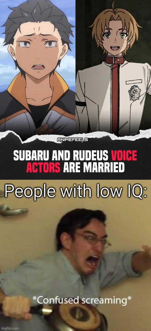Don't worry, guys! It's the JP VAs, not the characters like those two on that picture! | People with low IQ: | image tagged in filthy frank confused scream,subaru,rudeus,same voice actor | made w/ Imgflip meme maker