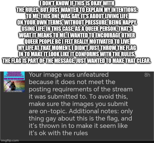 Maybe a little explanation for that. For me, it was gay, either I'm weird or there's a misunderstanding | I don't know if this is okay with the rules, but just wanted to explain my intentions: to me, this one was gay. It's about living life on your own terms, without pressure. Being happy. Using life. In this case, as a queer person. That's wgat it means to me. I wanted to encourage other queer people bc I felt really motivated to live my life at that moment. I didn’t just throw the flag in to make it look like it conforms with the rules. The flag is part of the message. Just wanted to make that clear. | made w/ Imgflip meme maker