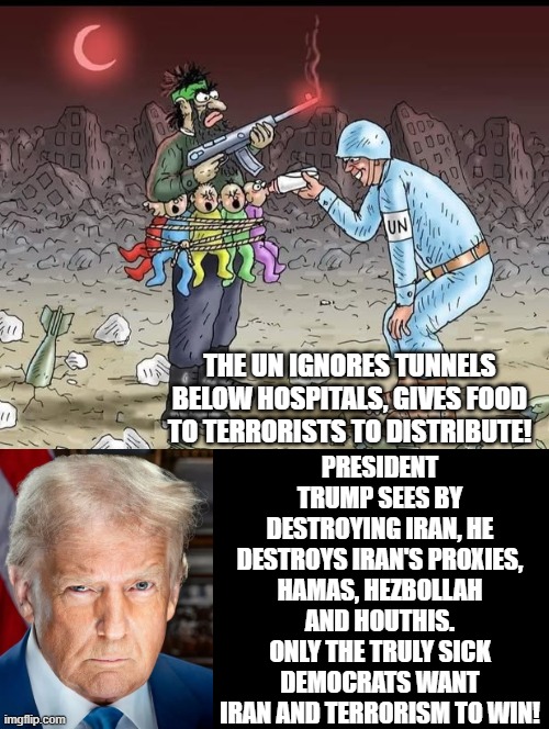 Only the truly sick democrats want Iran and terrorism to win! | President Trump sees by destroying Iran, he destroys Iran's proxies, Hamas, Hezbollah and Houthis. Only the truly sick democrats want Iran and terrorism to win! The UN ignores tunnels below hospitals, gives food to terrorists to distribute! | image tagged in sam elliott special kind of stupid,stupid liberals | made w/ Imgflip meme maker