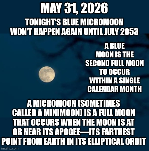Once In A Mini Blue Moon | May 31, 2026; Tonight's Blue Micromoon won't happen again until July 2053; A Blue Moon is the second full moon to occur within a single calendar month; A micromoon (sometimes called a minimoon) is a full moon that occurs when the Moon is at or near its apogee—its farthest point from Earth in its elliptical orbit | image tagged in memes,blue moon,mini moon,astronomy,interesting facts,knowledge is fun | made w/ Imgflip meme maker