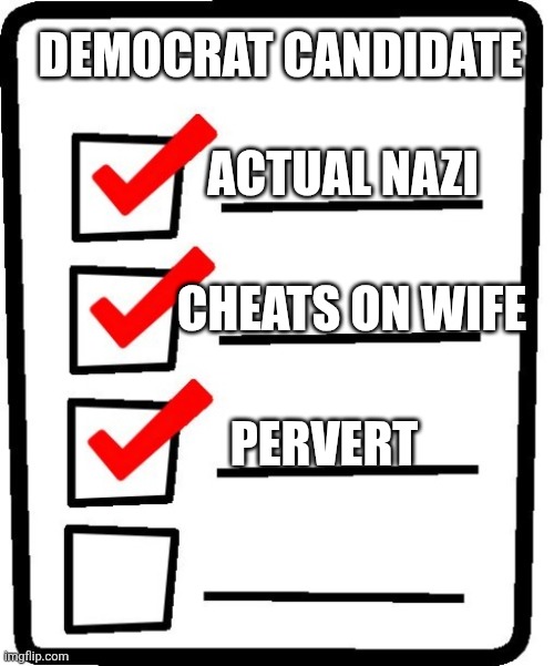 Not just for Maine | Democrat candidate; Actual nazi; Cheats on wife; Pervert | image tagged in long checklist | made w/ Imgflip meme maker