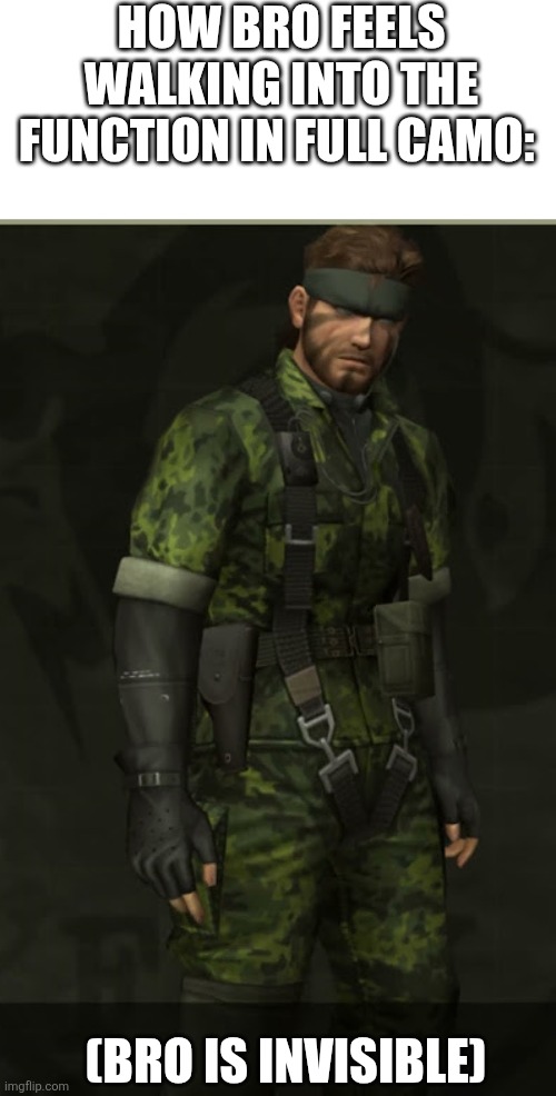 My snake is solid | How bro feels walking into the function in full camo:; (Bro is invisible) | image tagged in mgs,metal gear solid,funny,funny memes | made w/ Imgflip meme maker