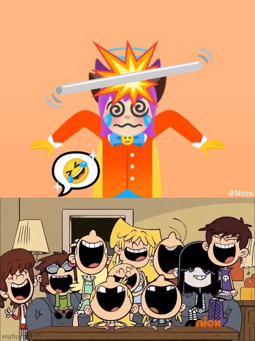 The Loud Sisters laughing at TGE being hit by a metal pipe. | image tagged in the loud house,the great emojini,emojini,funny,metal pipe,laughing | made w/ Imgflip meme maker