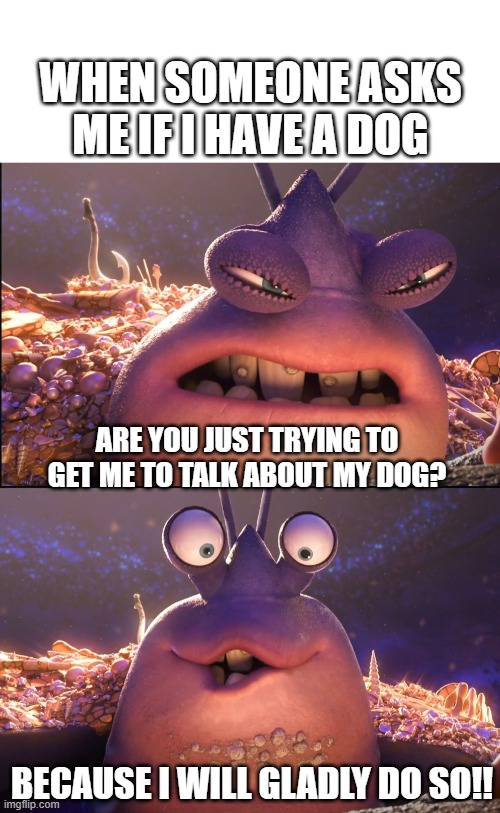 Dog owners be like | when someone asks me if I have a dog; are you just trying to get me to talk about my dog? because I will gladly do so!! | image tagged in crab1 jpg,dog,dogowners,funnydogmeme | made w/ Imgflip meme maker