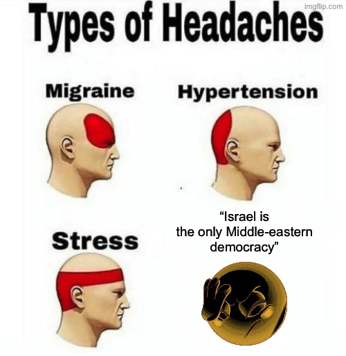 Withered head | “Israel is the only Middle-eastern democracy” | image tagged in types of headaches meme,middle east,palestine | made w/ Imgflip meme maker