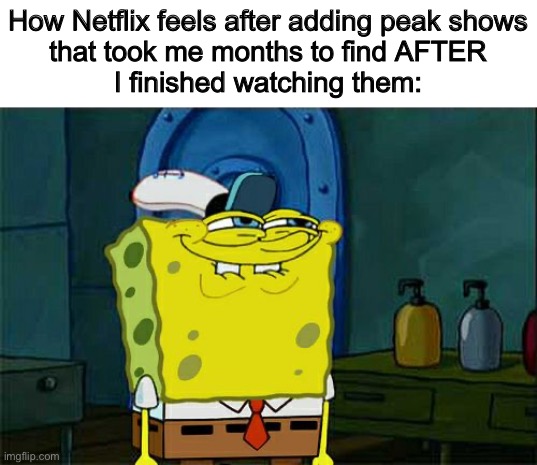 like bro... why the bad timing | How Netflix feels after adding peak shows
that took me months to find AFTER
I finished watching them: | image tagged in memes,don't you squidward | made w/ Imgflip meme maker