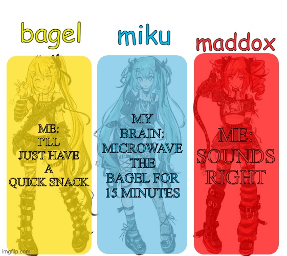 miku bagel and maddox temp | ME: SOUNDS RIGHT; ME: I’LL JUST HAVE A QUICK SNACK; MY BRAIN: MICROWAVE THE BAGEL FOR 15 MINUTES | image tagged in miku bagel and maddox temp,remix | made w/ Imgflip meme maker