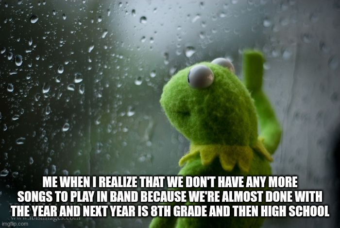 I don't want to go to high school | ME when I realize that we don't have any more songs to play in band because we're almost done with the year and next year is 8th grade and then high school | image tagged in kermit window | made w/ Imgflip meme maker